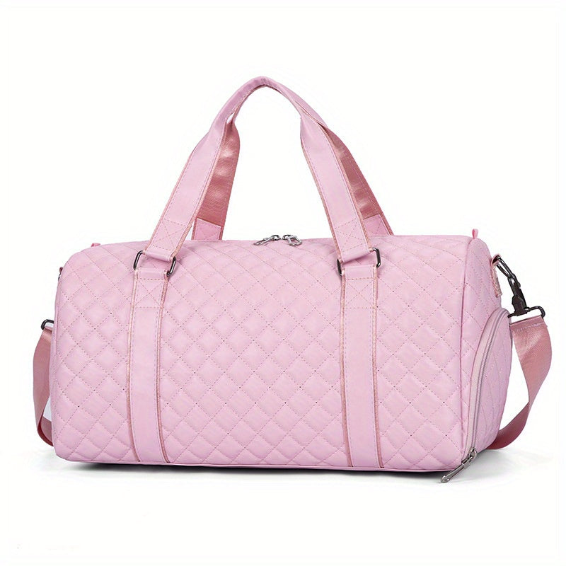 Black Quilted Diamond Pattern Duffel Bag with Wet Dry and Shoe Compartments for Travel and Gym