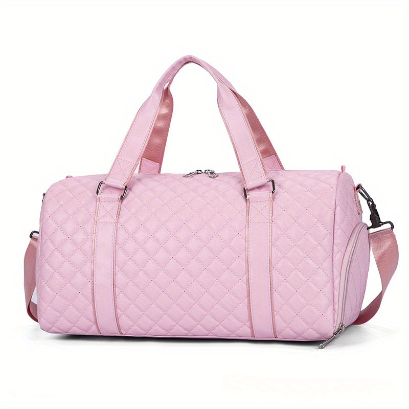 Black Quilted Diamond Pattern Duffel Bag with Wet Dry and Shoe Compartments for Travel and Gym