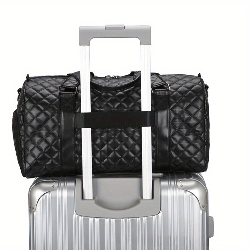 Black Quilted Diamond Pattern Duffel Bag with Wet Dry and Shoe Compartments for Travel and Gym