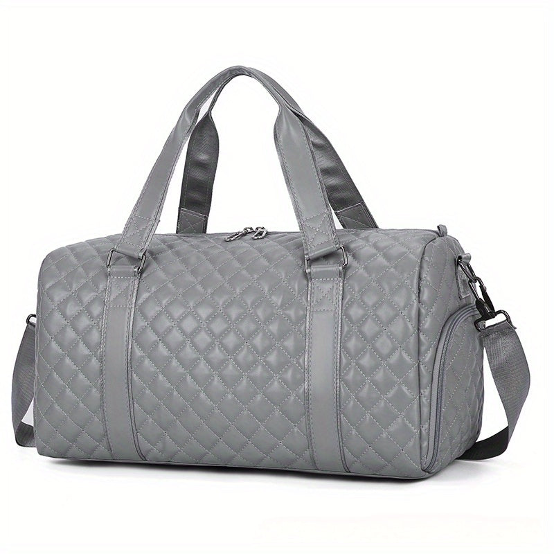 Black Quilted Diamond Pattern Duffel Bag with Wet Dry and Shoe Compartments for Travel and Gym
