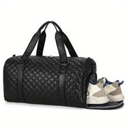 Black Quilted Diamond Pattern Duffel Bag with Wet Dry and Shoe Compartments for Travel and Gym