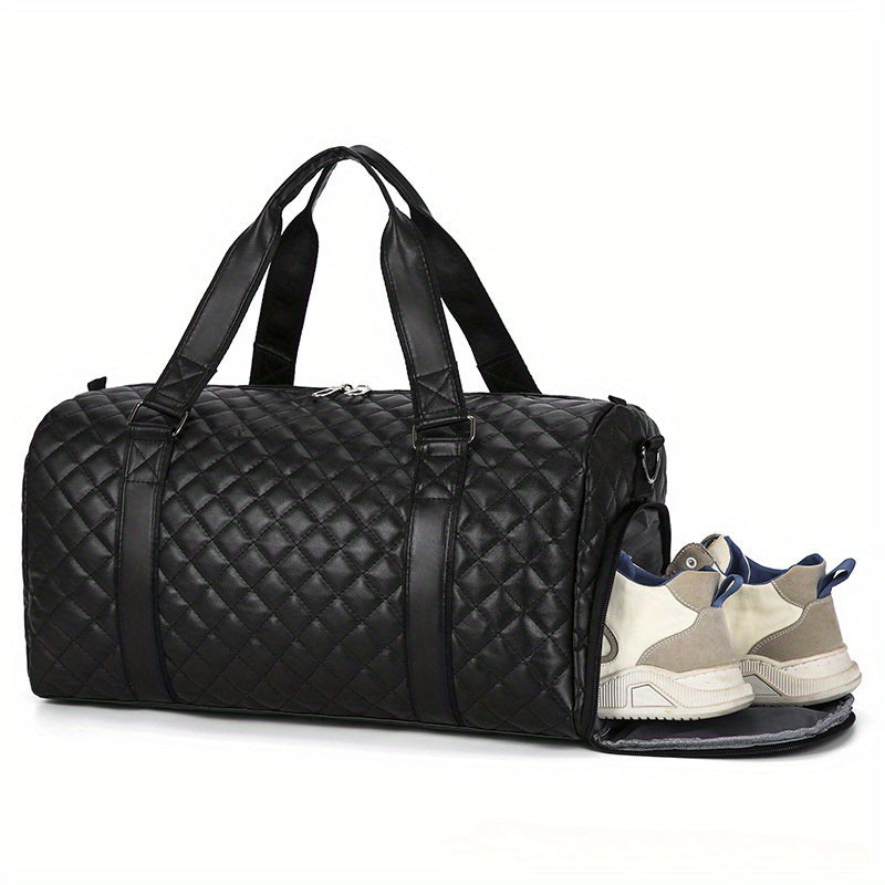 Black Quilted Diamond Pattern Duffel Bag with Wet Dry and Shoe Compartments for Travel and Gym