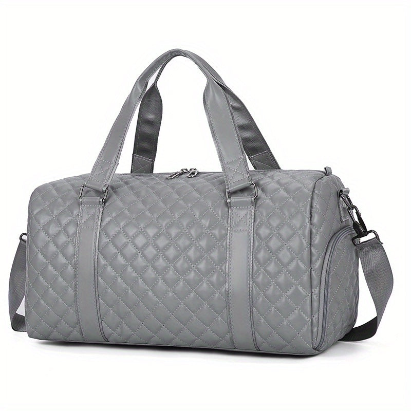 Black Quilted Diamond Pattern Duffel Bag with Wet Dry and Shoe Compartments for Travel and Gym