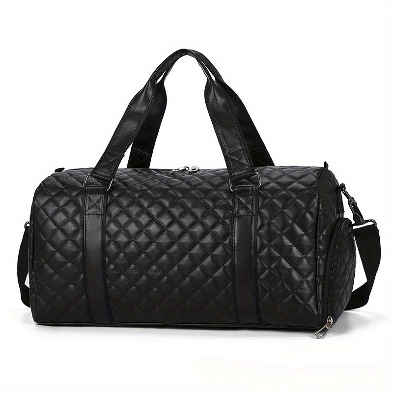 Black Quilted Diamond Pattern Duffel Bag with Wet Dry and Shoe Compartments for Travel and Gym