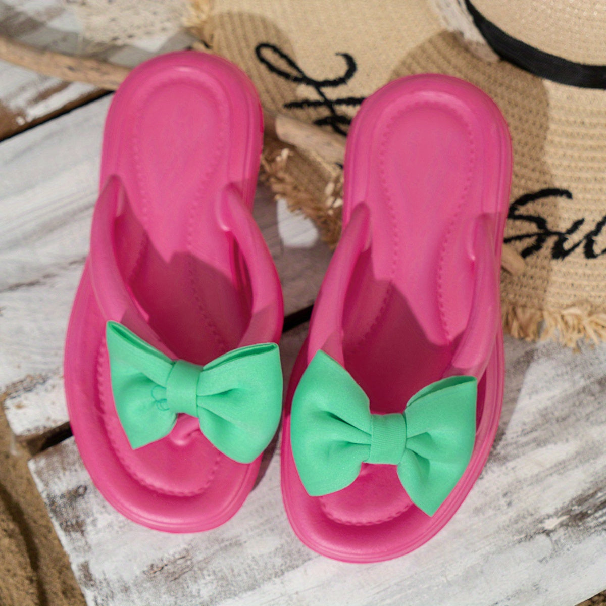 Women's EVA Flip Flops Casual Flat Slide Shoes with Bow Contrast Color