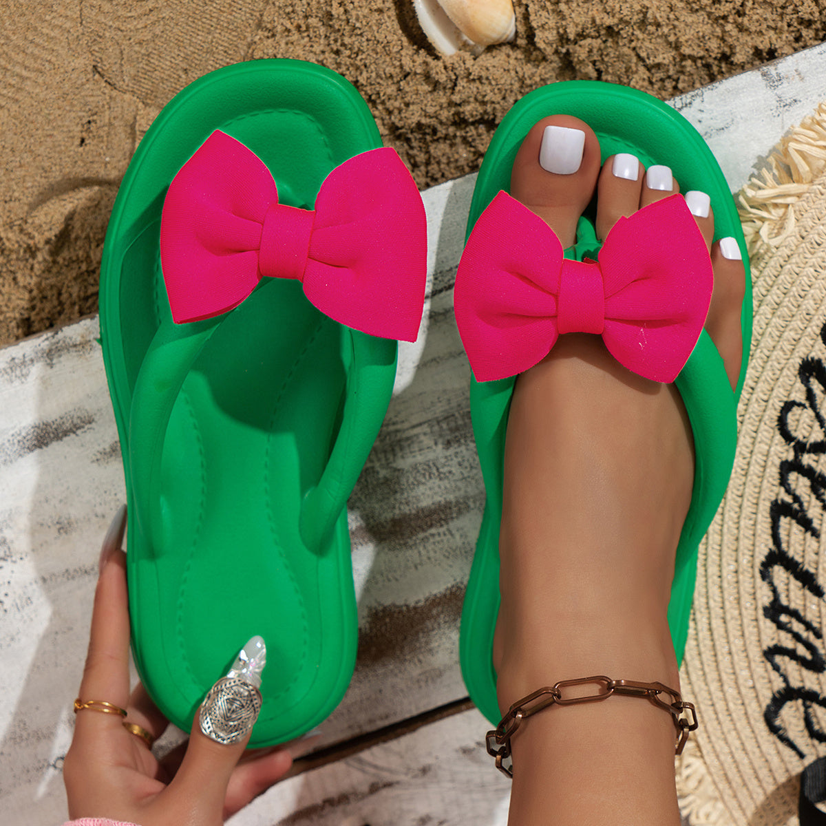 Women's EVA Flip Flops Casual Flat Slide Shoes with Bow Contrast Color