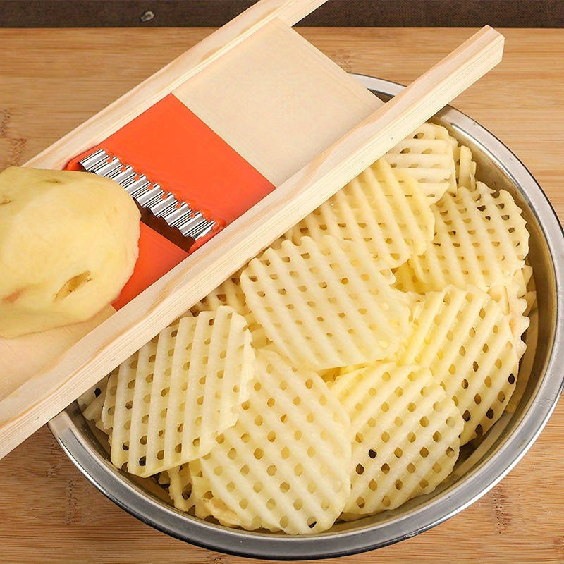 Red Wooden Wave Knife Multi-Functional Potato Slicer Vegetable Cutter for Kitchen Camping