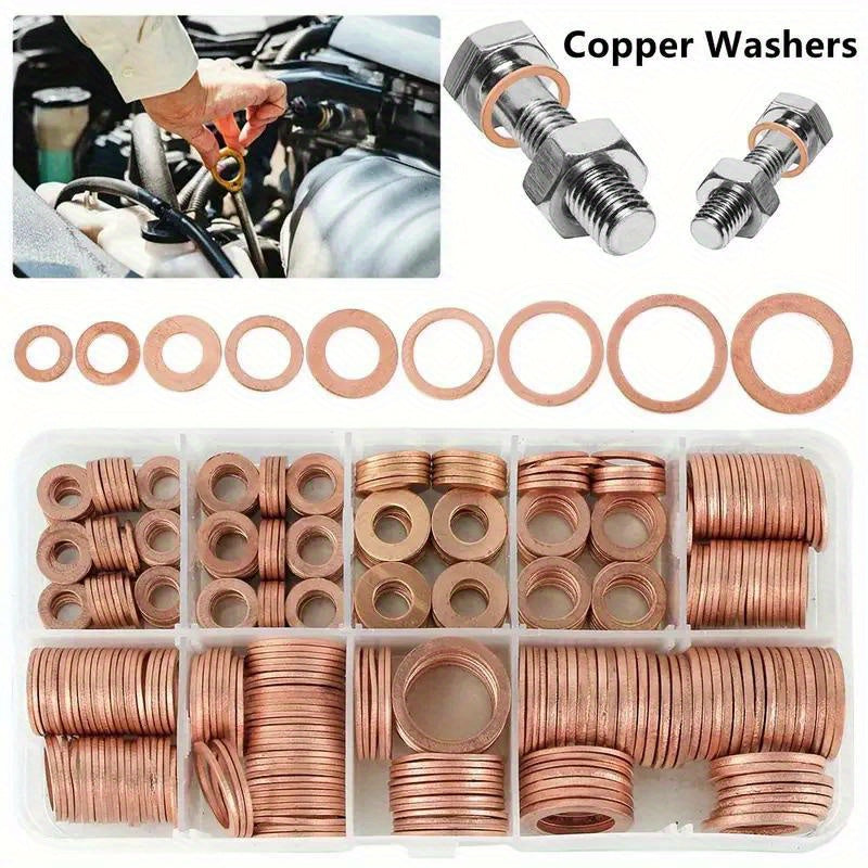 200pcs Copper Washer Gasket Set Assorted Flat Ring Seal Kit for Auto Repairs