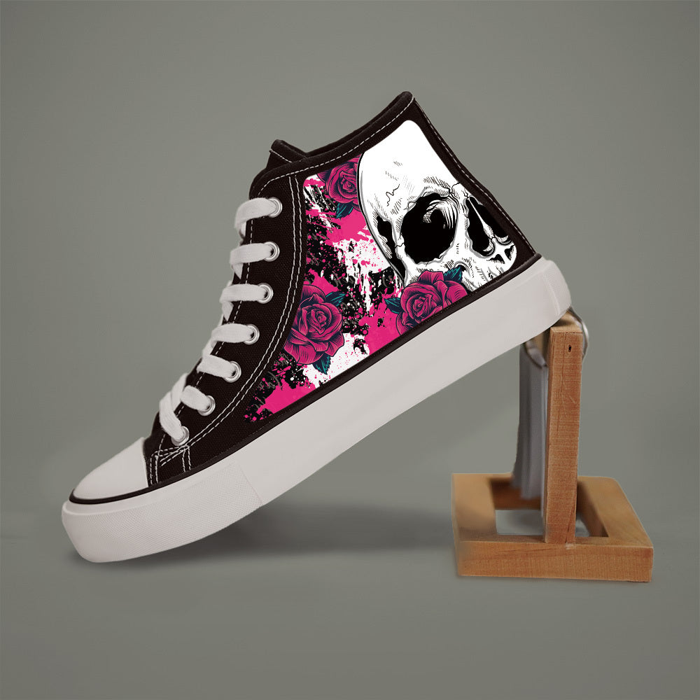 Women’s Black and White High-Top Sneakers with Skull and Roses Design