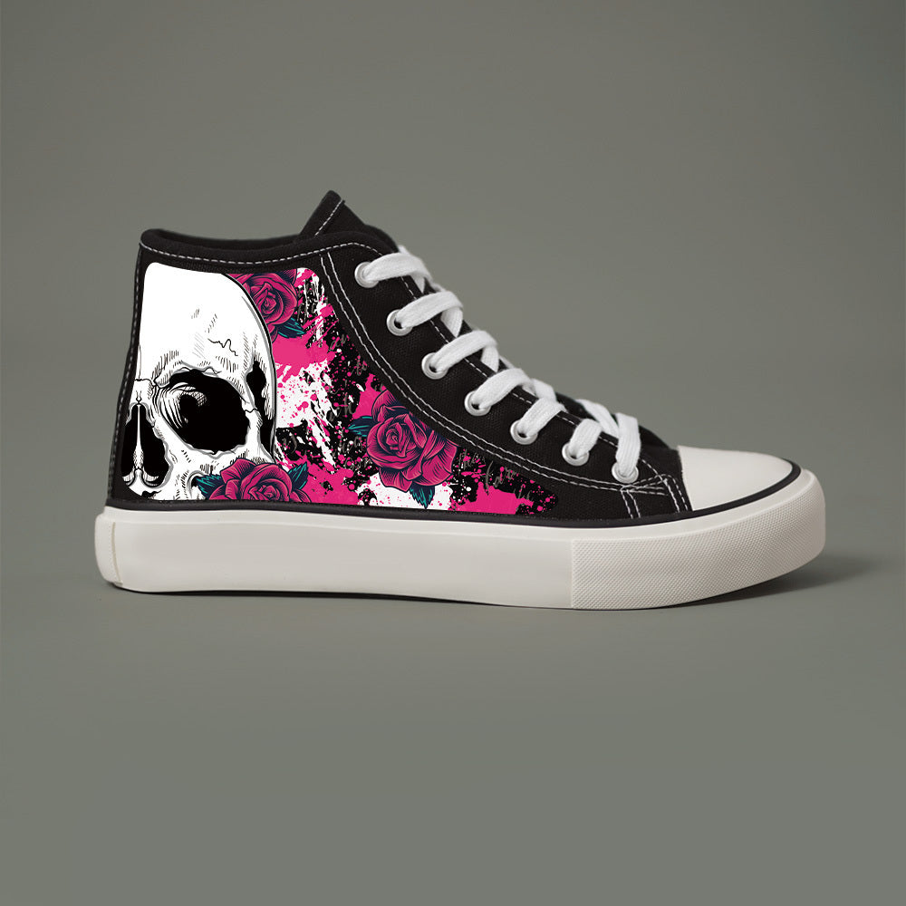 Women’s Black and White High-Top Sneakers with Skull and Roses Design