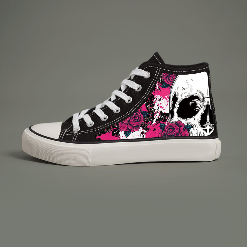 Women’s Black and White High-Top Sneakers with Skull and Roses Design