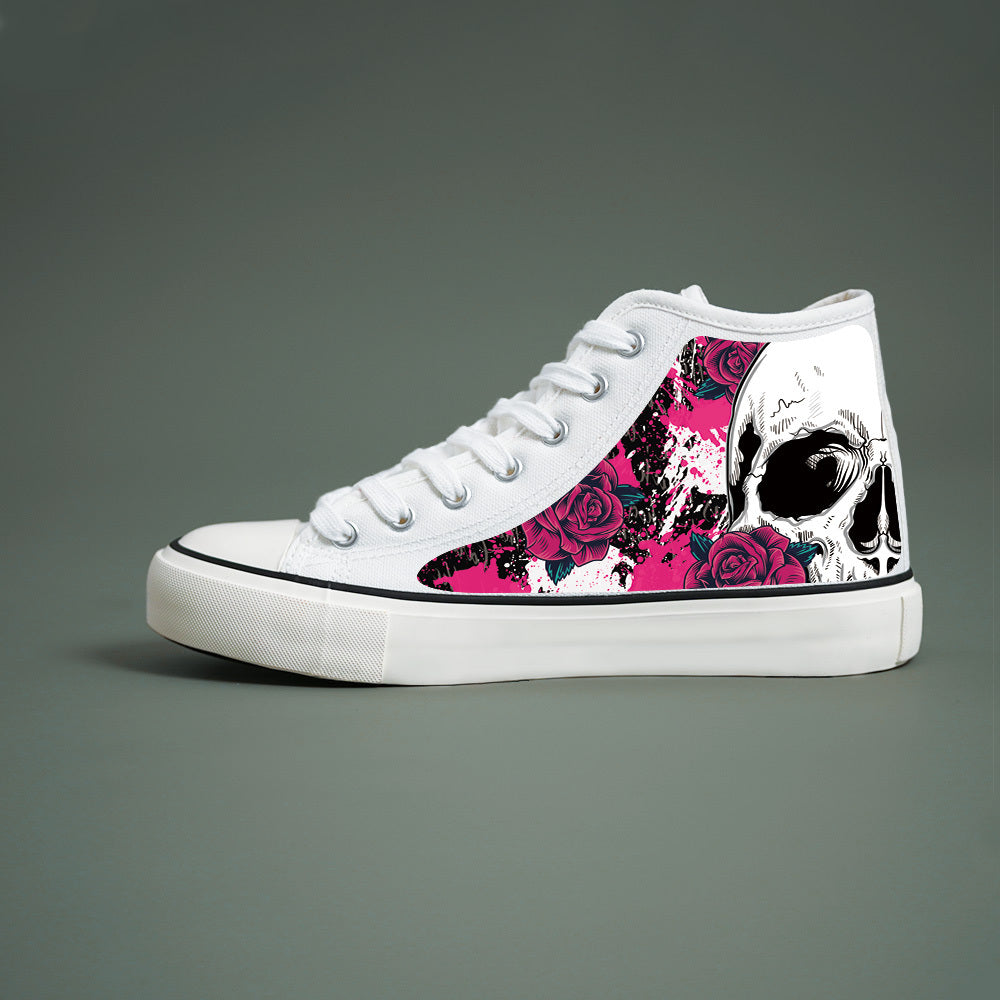 Women’s Black and White High-Top Sneakers with Skull and Roses Design