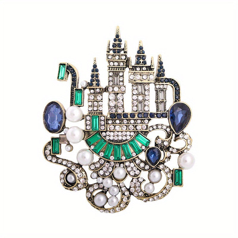 Vintage European Castle Brooch Alloy Rhinestones Faux Pearls Crystal Corsage Pin