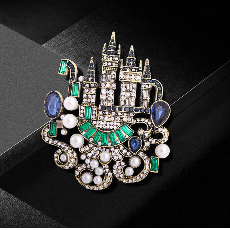 Vintage European Castle Brooch Alloy Rhinestones Faux Pearls Crystal Corsage Pin