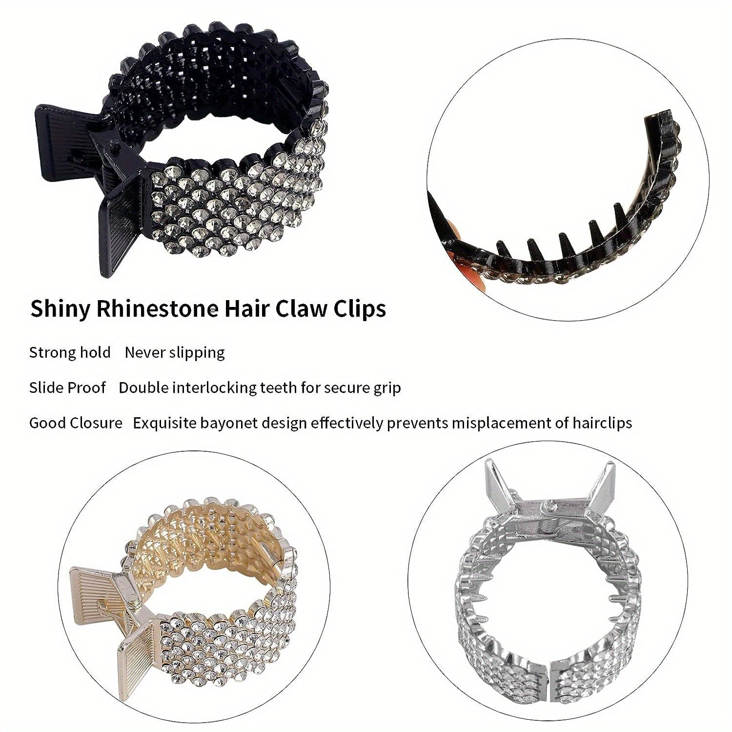 Pack of 3 Rhinestone Shark Hair Clips for Women with Thick Long Hair