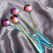 Set of 4 Iridescent Stainless Steel Coffee Spoons with Floral Designs for Elegant Table Settings