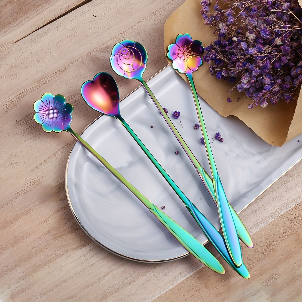 Set of 4 Iridescent Stainless Steel Coffee Spoons with Floral Designs for Elegant Table Settings