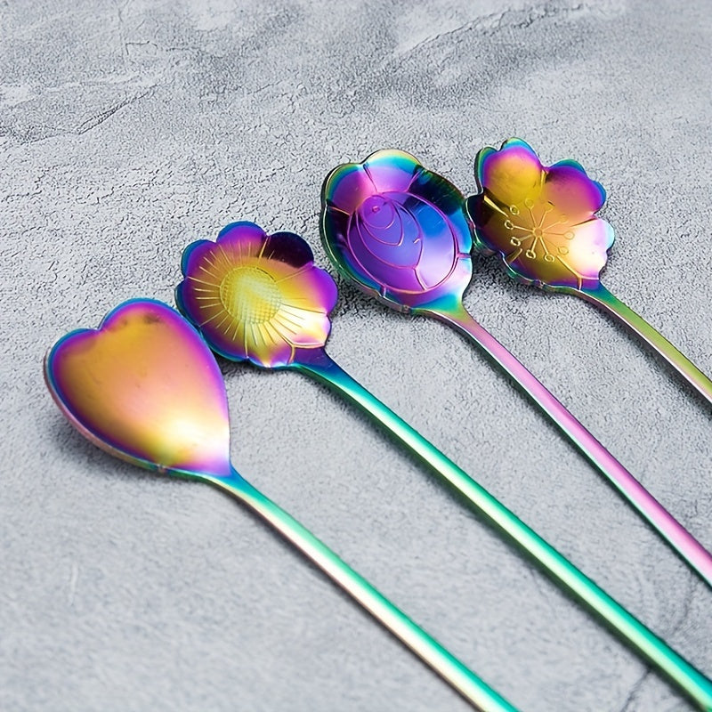 Set of 4 Iridescent Stainless Steel Coffee Spoons with Floral Designs for Elegant Table Settings
