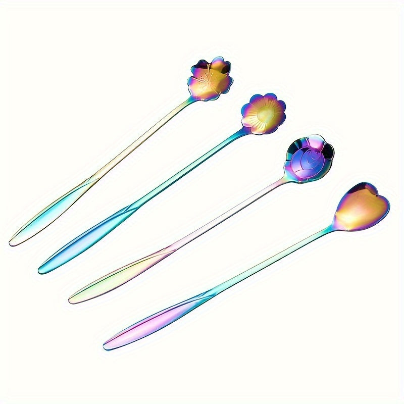 Set of 4 Iridescent Stainless Steel Coffee Spoons with Floral Designs for Elegant Table Settings