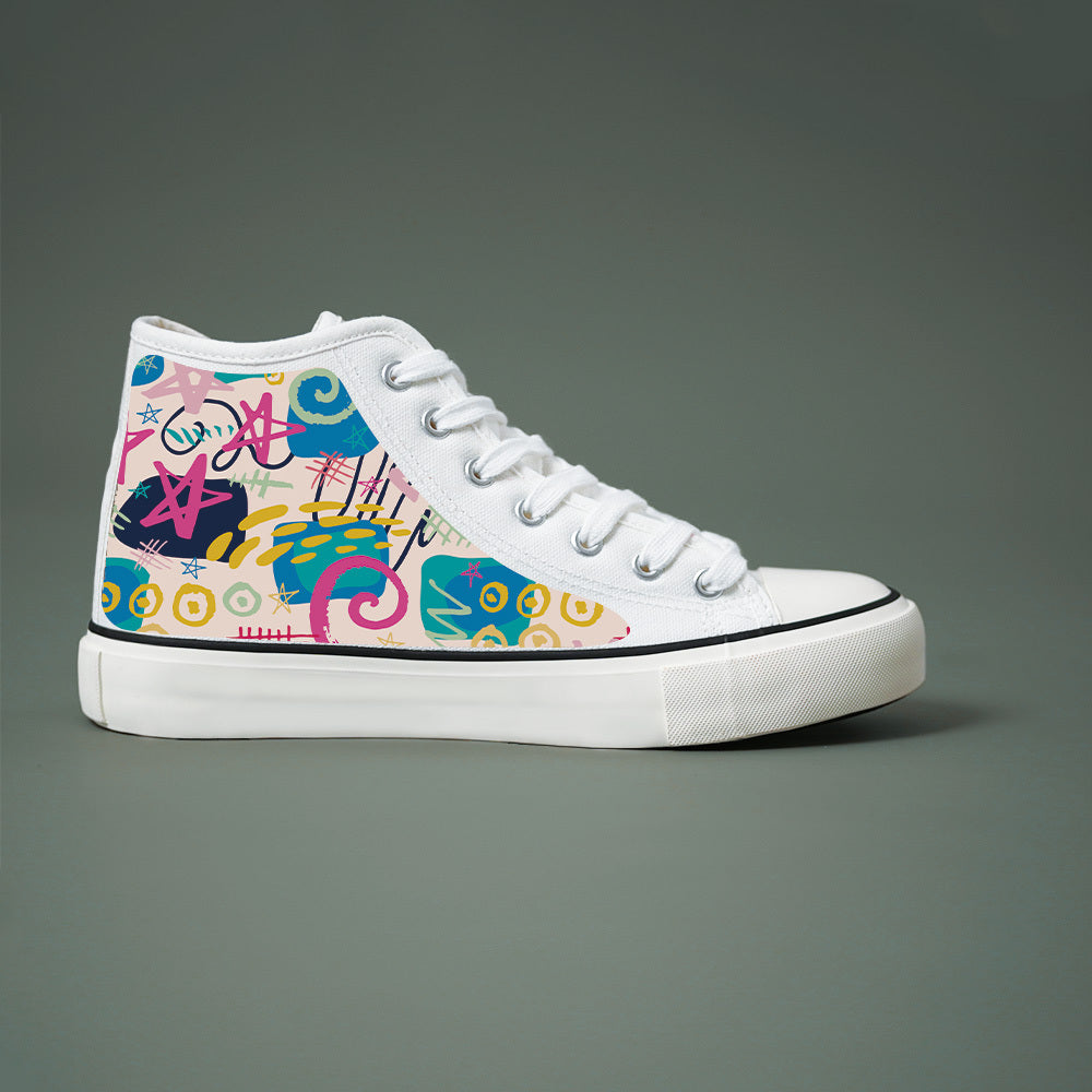 Women’s Black and White High-Top Sneakers with Star Print and Canvas Upper