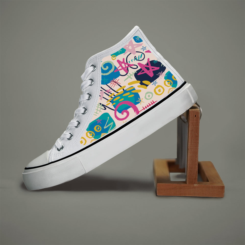 Women’s Black and White High-Top Sneakers with Star Print and Canvas Upper