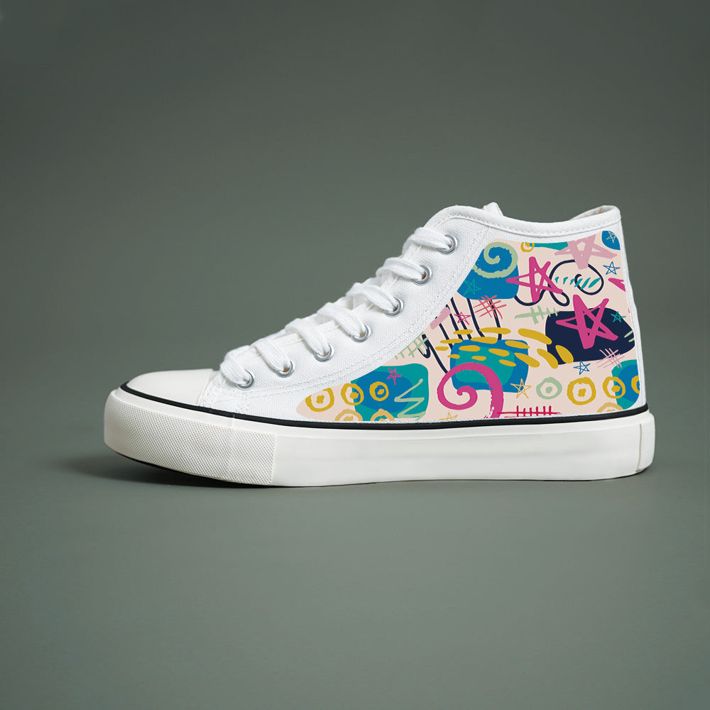Women’s Black and White High-Top Sneakers with Star Print and Canvas Upper