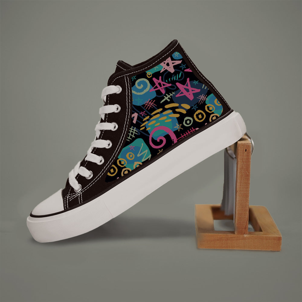Women’s Black and White High-Top Sneakers with Star Print and Canvas Upper