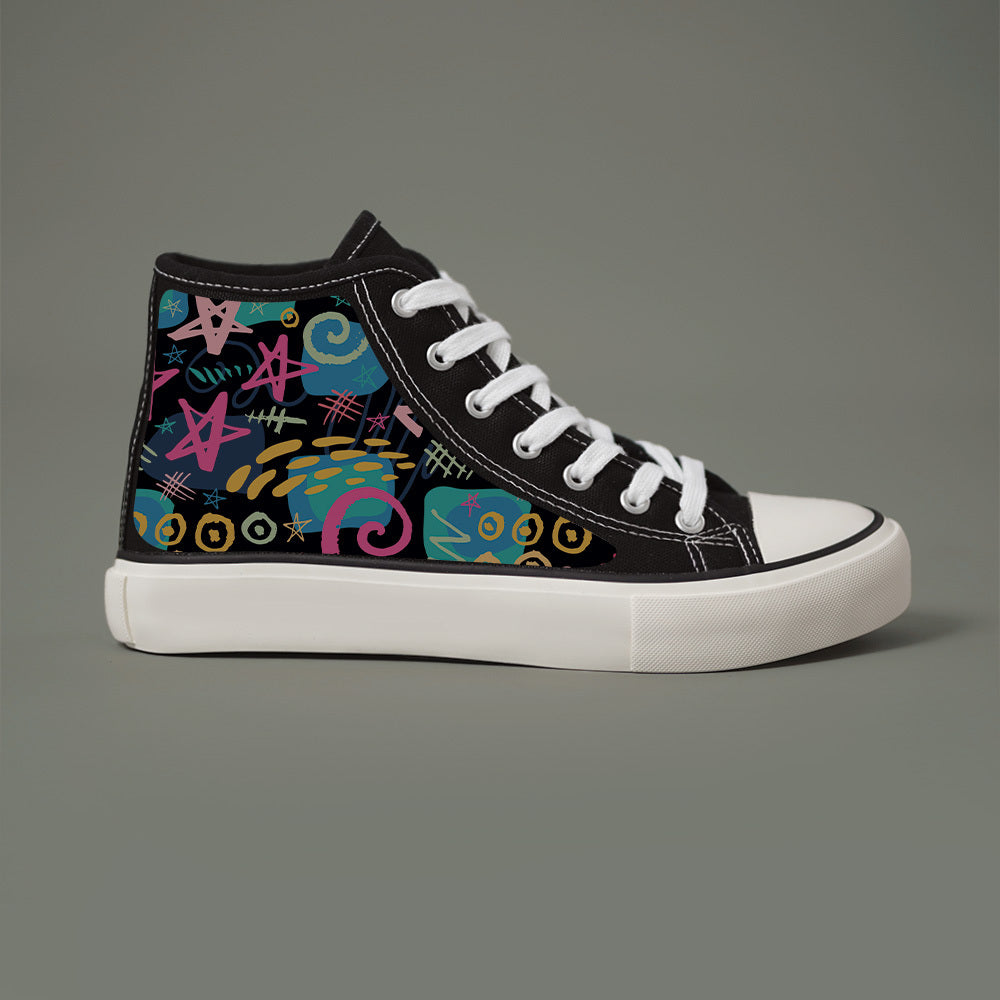 Women’s Black and White High-Top Sneakers with Star Print and Canvas Upper