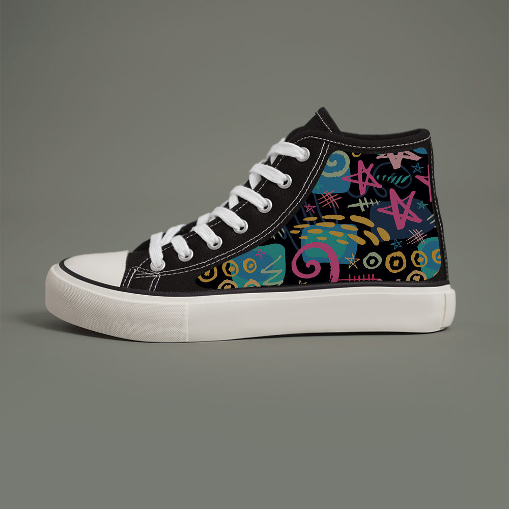 Women’s Black and White High-Top Sneakers with Star Print and Canvas Upper