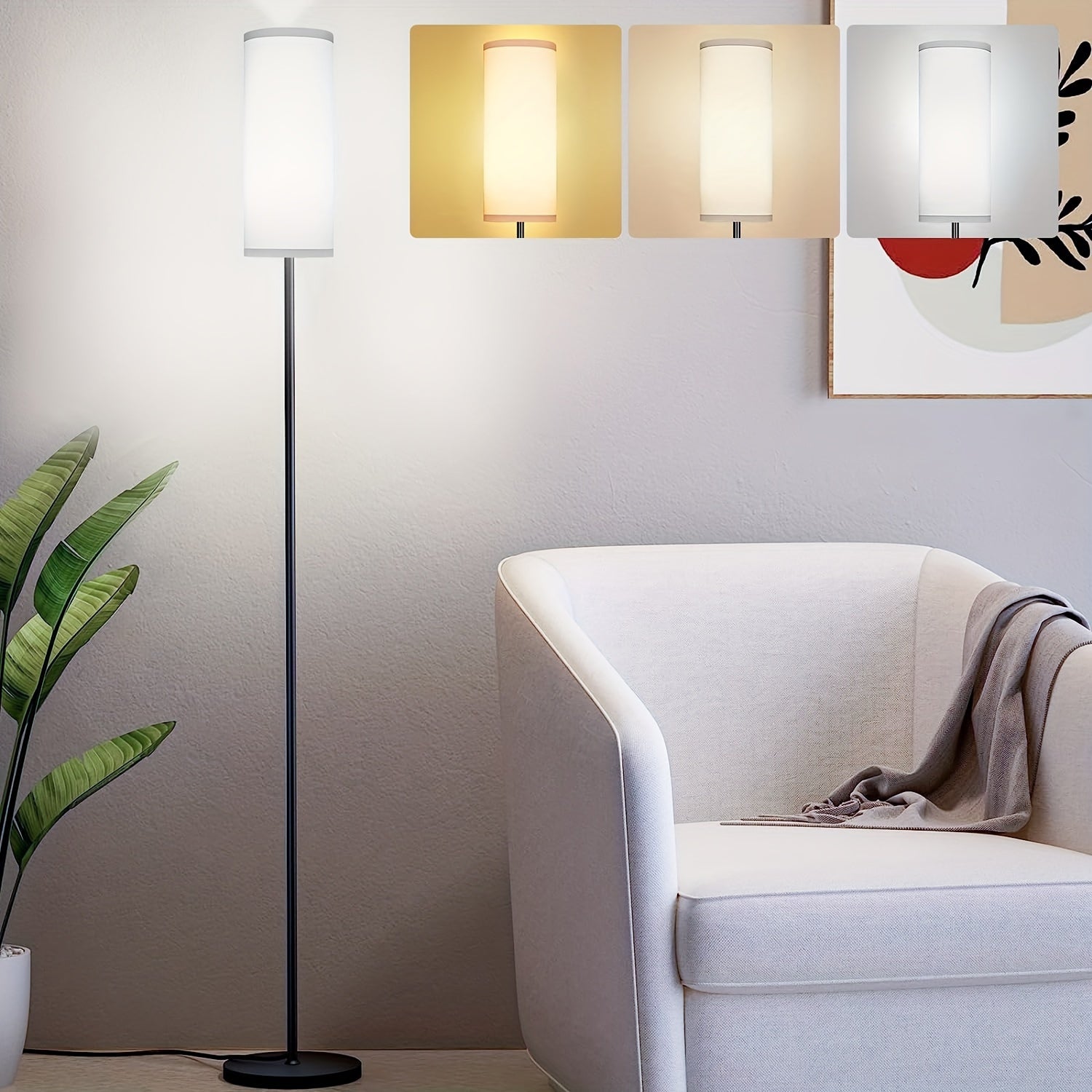 Adjustable White Linen Metal Floor Lamp for Living Room Bedroom Office Hotel with 9W LED and 3 Color Temperatures