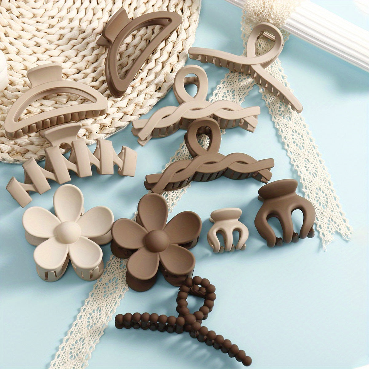 Matte Brown Hair Claw Set for Women 11pcs Non-Slip Pearl Wave Design Large Small