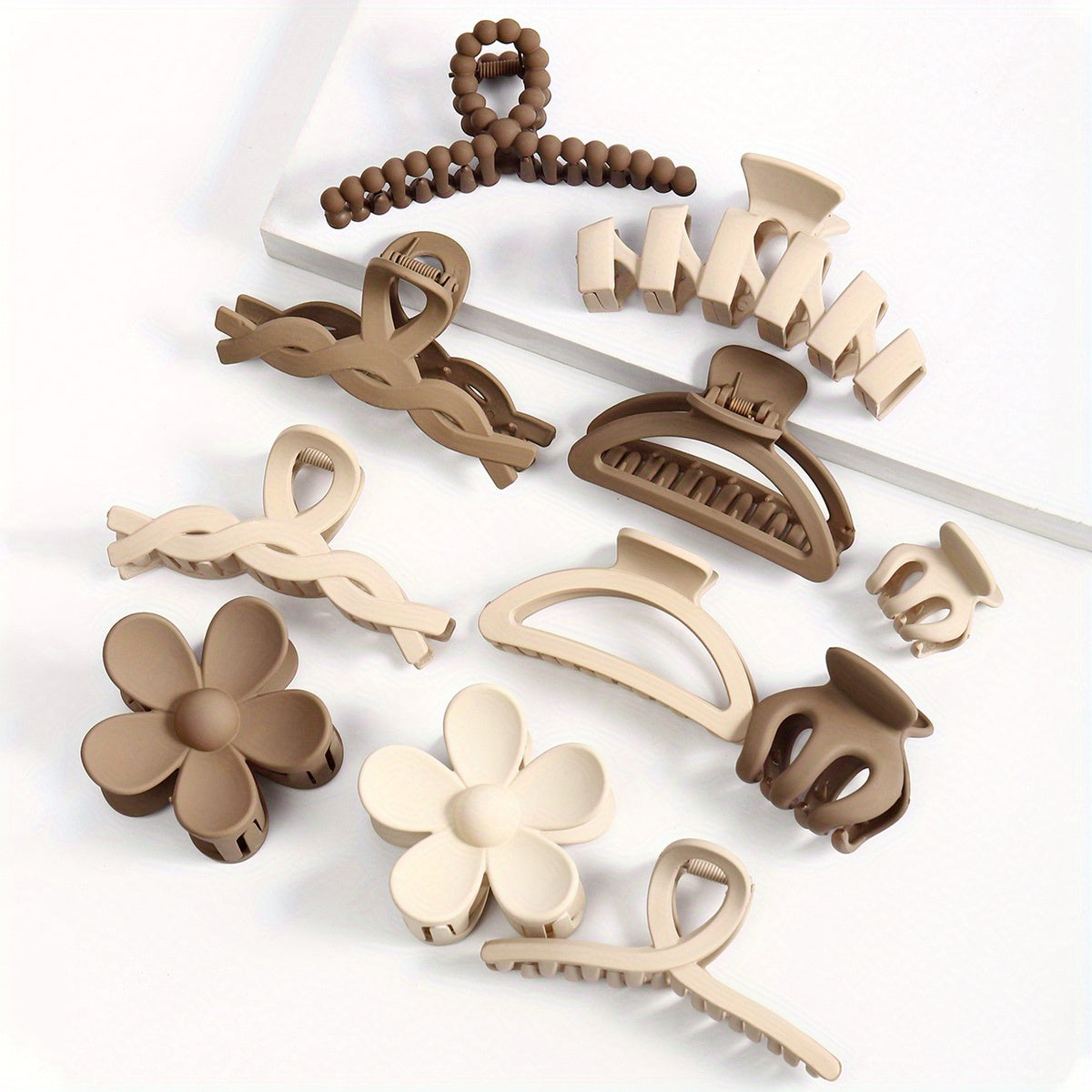 Matte Brown Hair Claw Set for Women 11pcs Non-Slip Pearl Wave Design Large Small