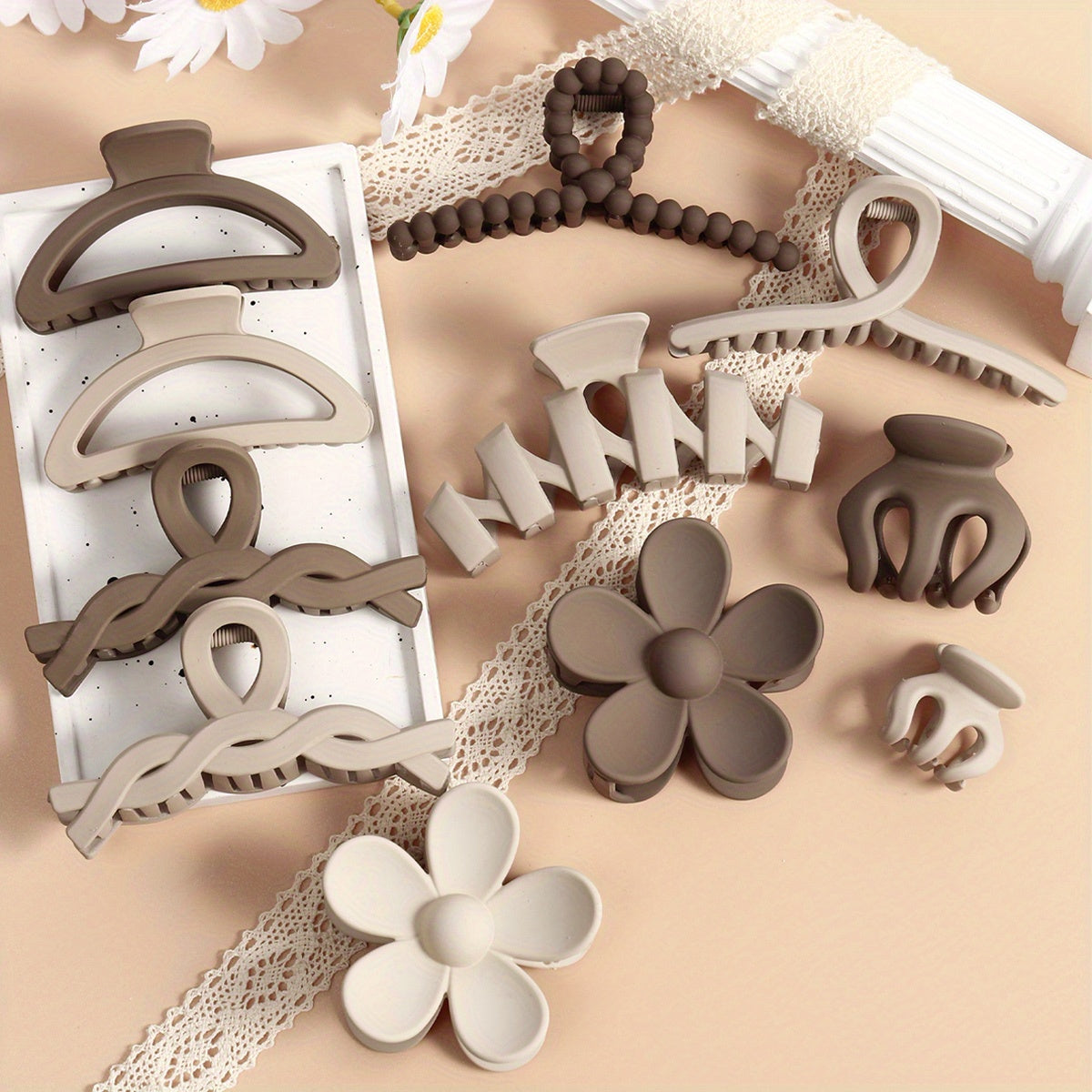 Matte Brown Hair Claw Set for Women 11pcs Non-Slip Pearl Wave Design Large Small