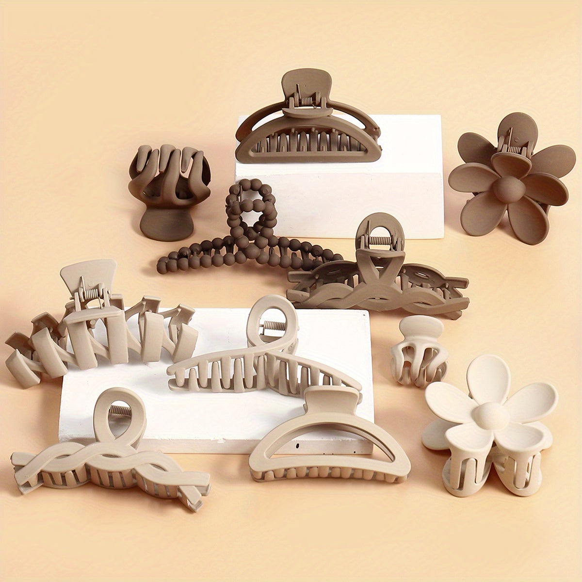 Matte Brown Hair Claw Set for Women 11pcs Non-Slip Pearl Wave Design Large Small