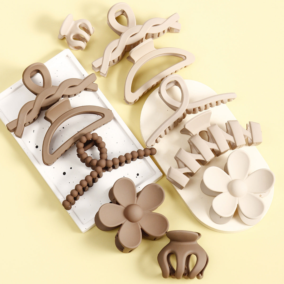 Matte Brown Hair Claw Set for Women 11pcs Non-Slip Pearl Wave Design Large Small