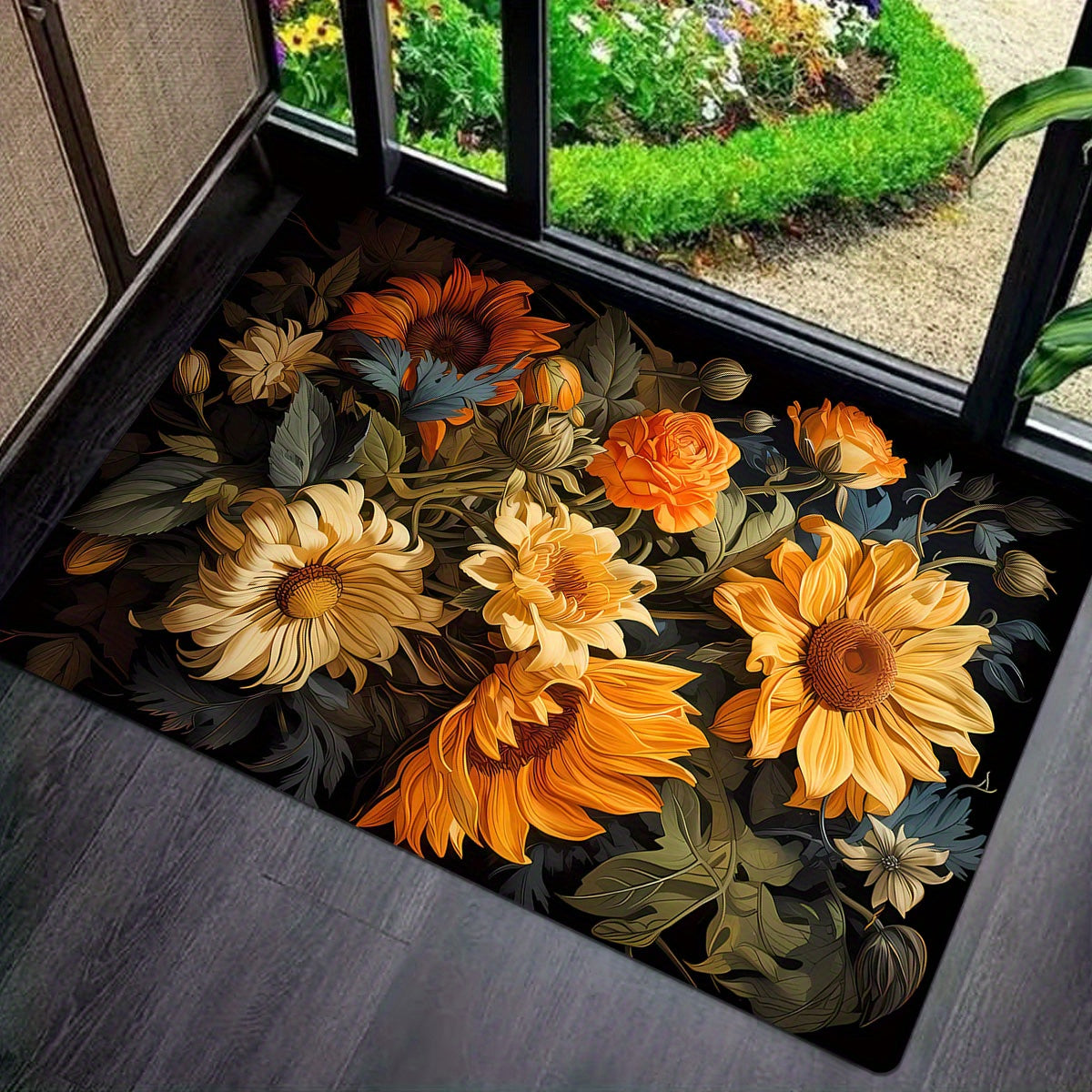 Floral Door Mat Plush Flannel Non-Slip Backing Easy to Clean Entryway Decor