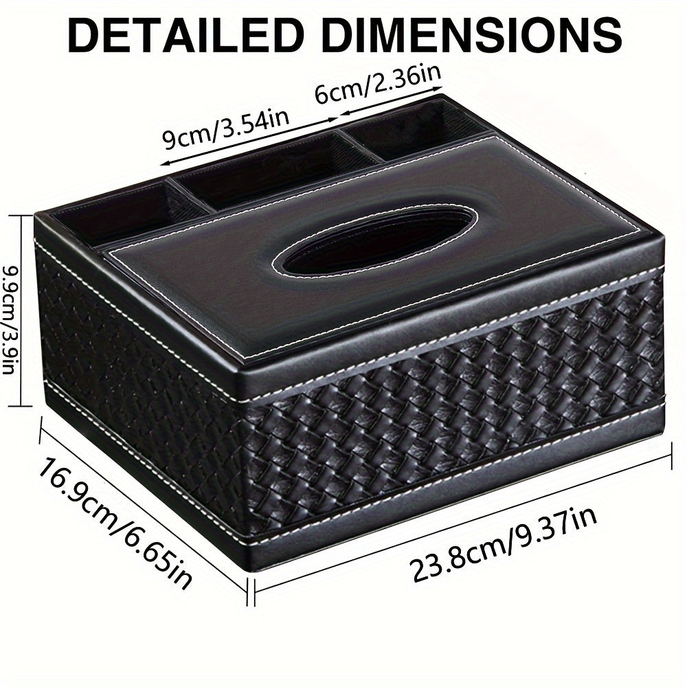 Faux Leather Tissue and Storage Box with Four Compartments Remote Holder Napkin Organizer for Living Room