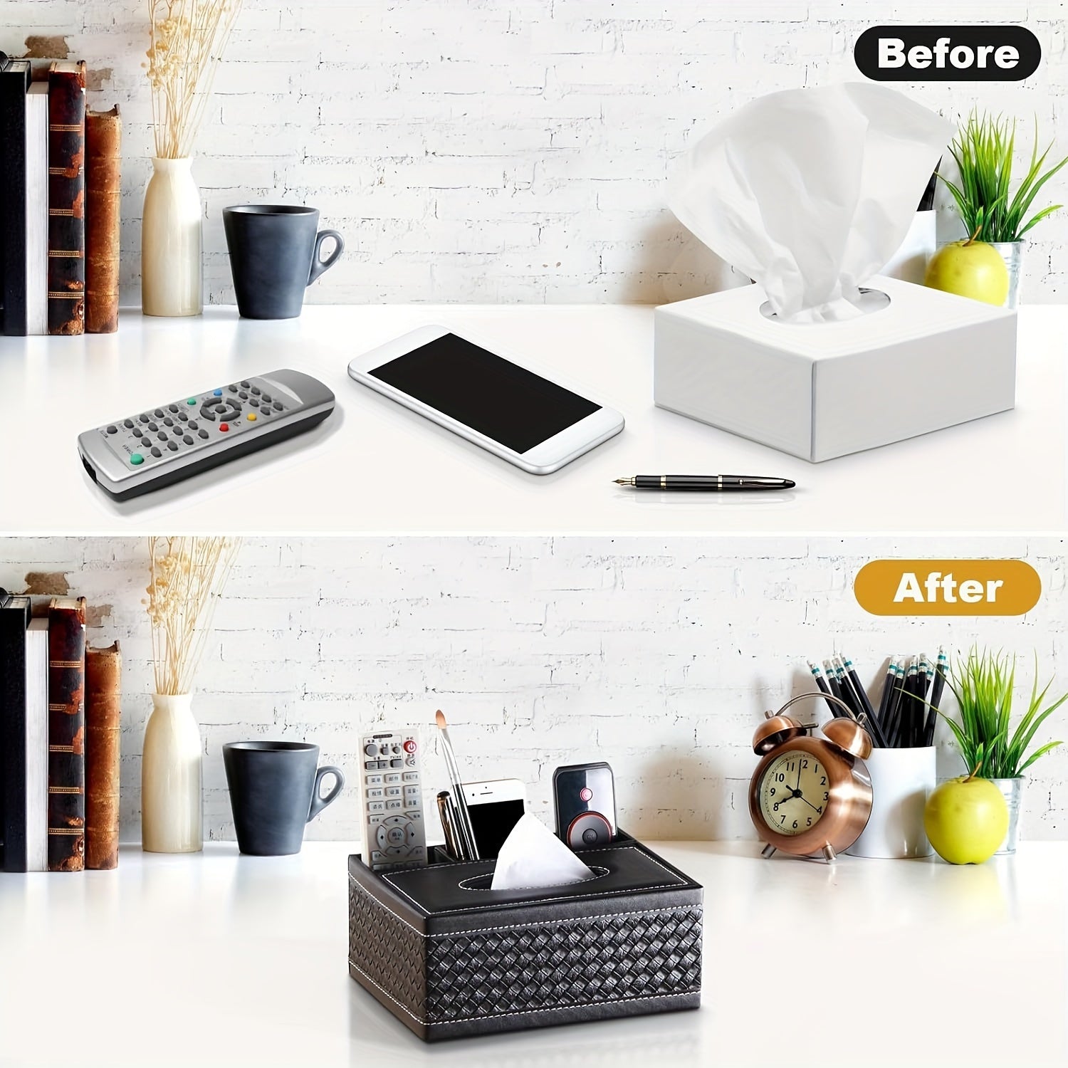 Faux Leather Tissue and Storage Box with Four Compartments Remote Holder Napkin Organizer for Living Room