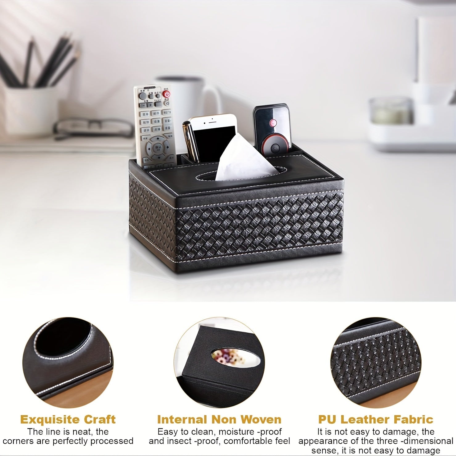 Faux Leather Tissue and Storage Box with Four Compartments Remote Holder Napkin Organizer for Living Room