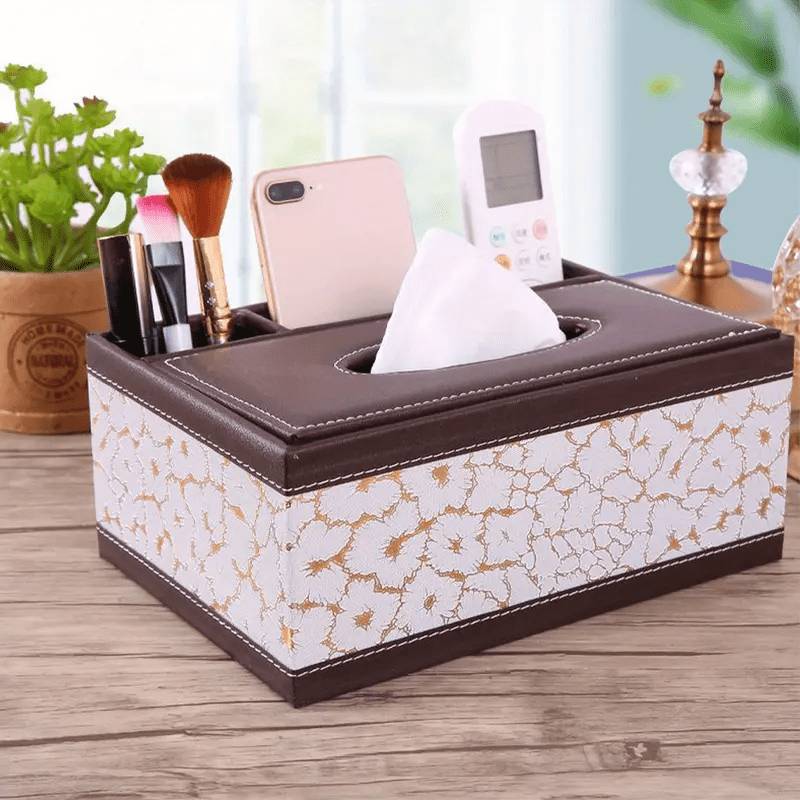 Faux Leather Tissue and Storage Box with Four Compartments Remote Holder Napkin Organizer for Living Room