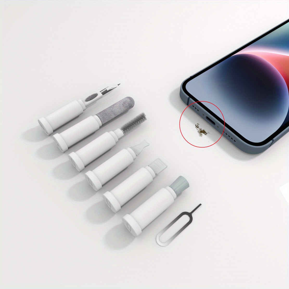 1 to'plam quloqchinlar va raqamli qurilmalarni tozalash to'plami, AirPods, mobil telefonlar, kameralar va kompyuterlarni tozalash uchun ideal. Tozalash materiallari va asboblar bilan birga saqlash va olib yurish oson.