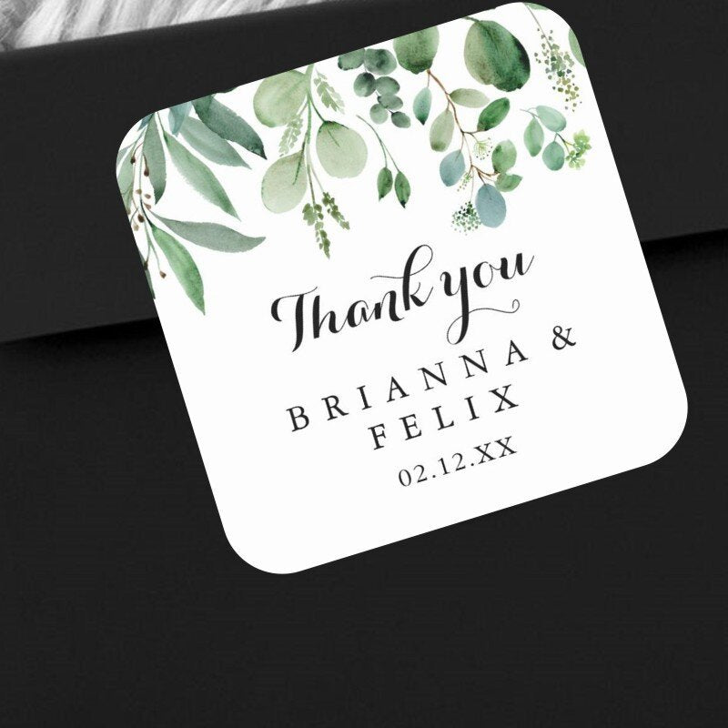Personalized Paper Square Labels for Weddings and Parties Custom Name and Date Stickers Pack of XX
