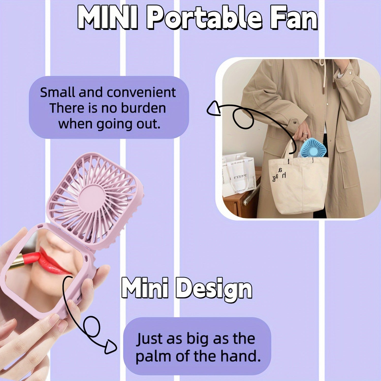 Mini Foldable Desktop Fan with Mirror, Handheld Portable Neck Fan, USB Rechargeable