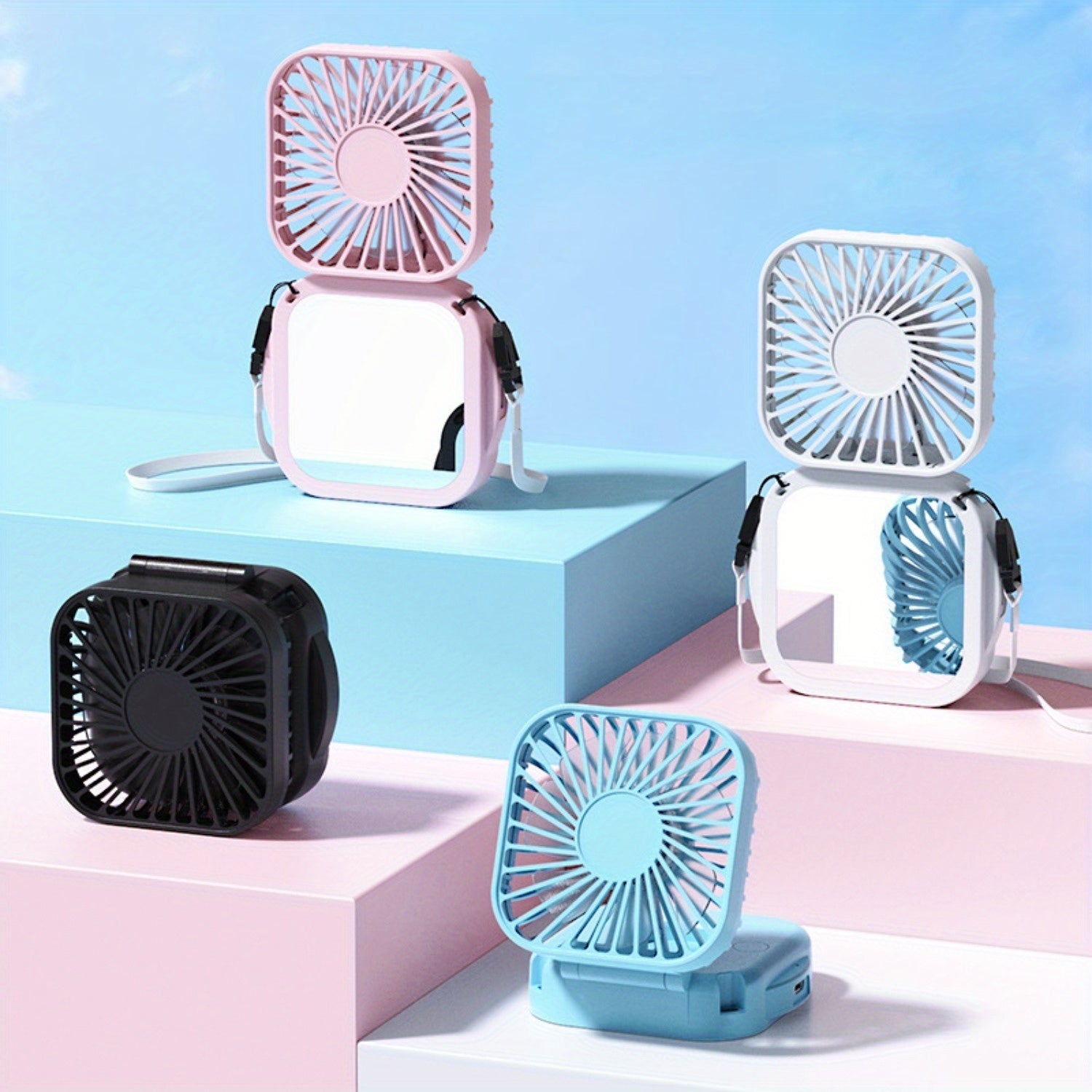 Mini Foldable Desktop Fan with Mirror, Handheld Portable Neck Fan, USB Rechargeable