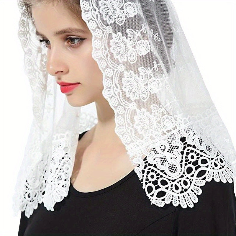 Black and White Bridal Veil with Lace Edges, Floral Mantilla Shawl