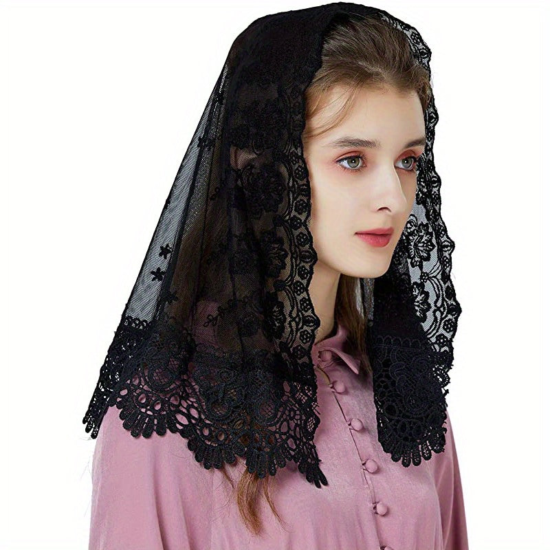Black and White Bridal Veil with Lace Edges, Floral Mantilla Shawl