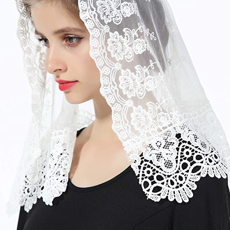 Black and White Bridal Veil with Lace Edges, Floral Mantilla Shawl