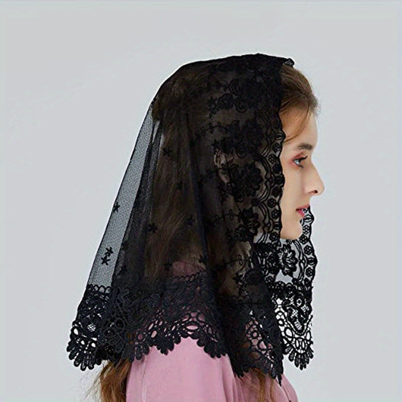 Black and White Bridal Veil with Lace Edges, Floral Mantilla Shawl