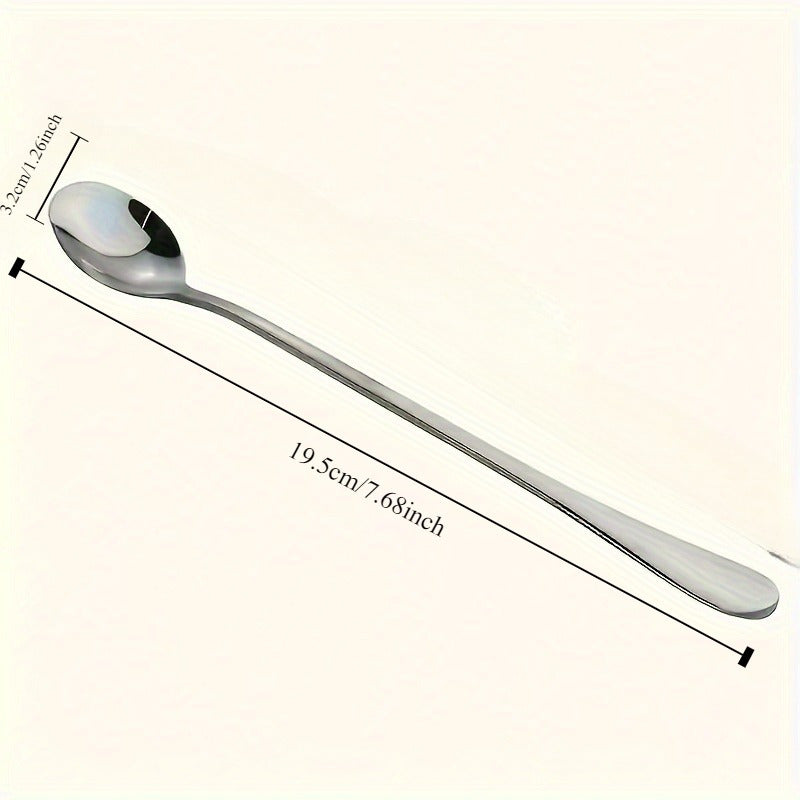 8 ta zanglamas po'latdan yasalgan uzun tutqichli qoshiq, muzli choy, qahva va muzqaymoq aralashtirish uchun mos. Qaynatgichda yuvish mumkin va ko'p maqsadli oshxona aksessuari.