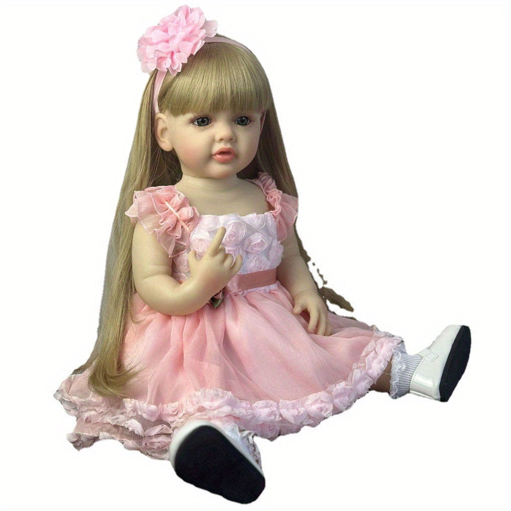 55cm Reborn Doll for Kids and Collectors Pink Girl Silicone Body with Blonde Wig